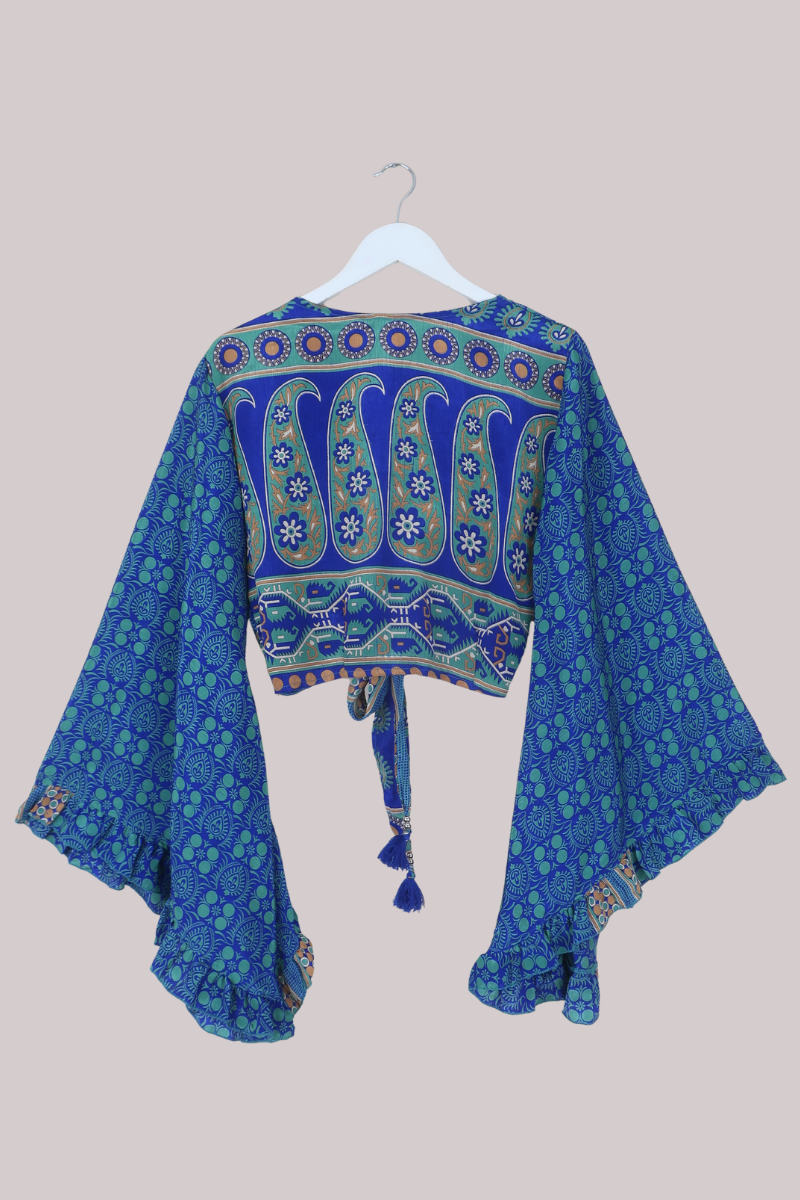 Venus Recycled Sari Wrap Top in Prancing Peacock Paisley - Size S
