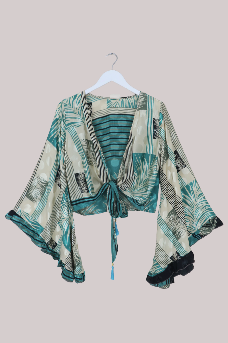 Venus Recycled Sari Wrap Top in Prismarine Patchwork - Size S