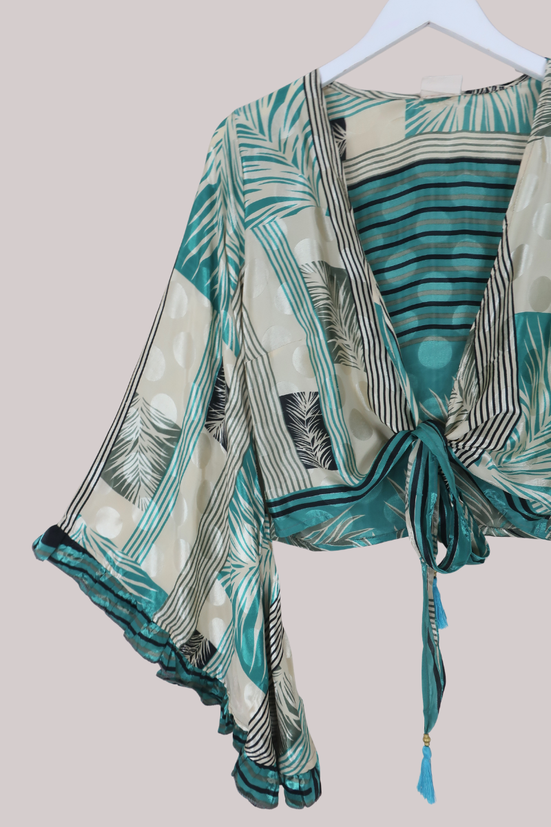 Venus Recycled Sari Wrap Top in Prismarine Patchwork - Size S
