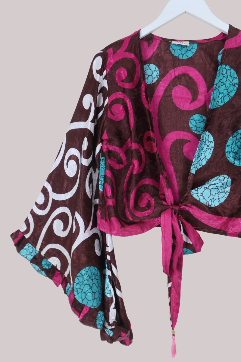 Venus Recycled Sari Wrap Top in Raspberry Hot Chocolate - Size S