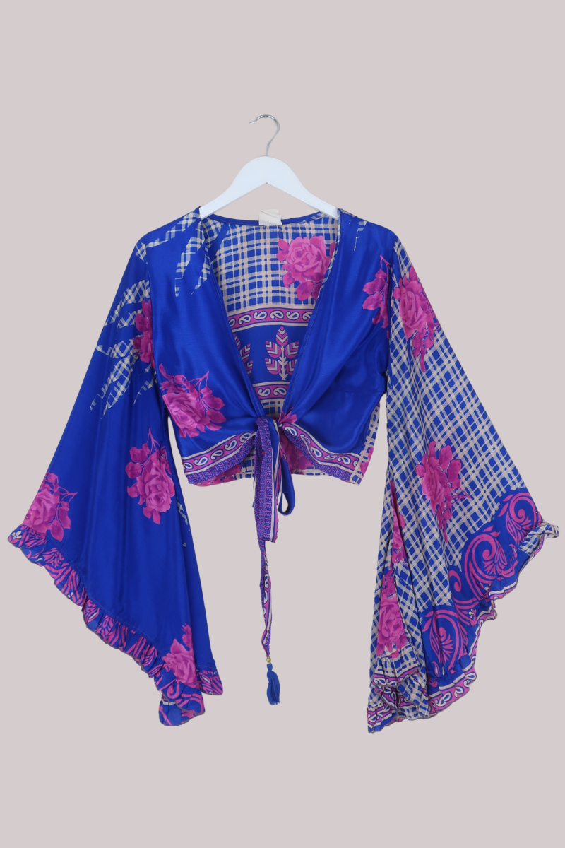 Venus Recycled Sari Wrap Top in Roses & Plaid - Size S