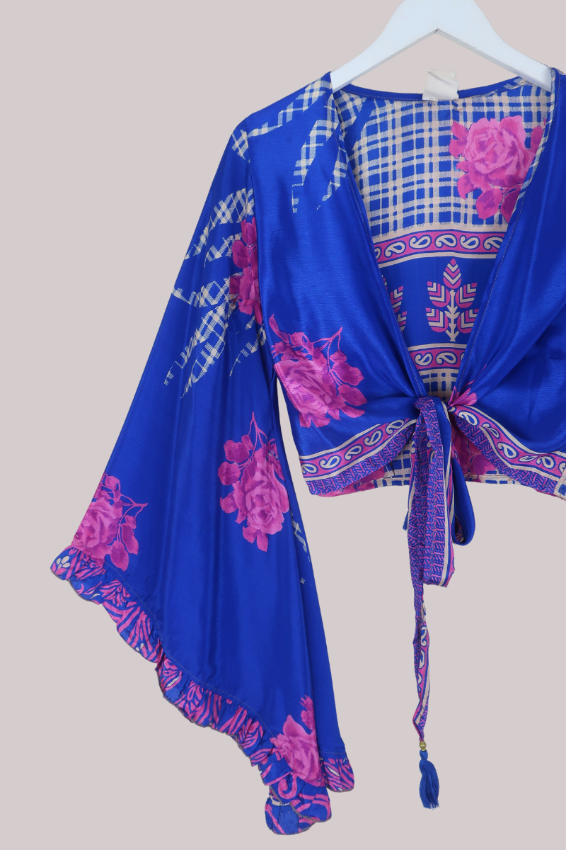 Venus Recycled Sari Wrap Top in Roses & Plaid - Size S