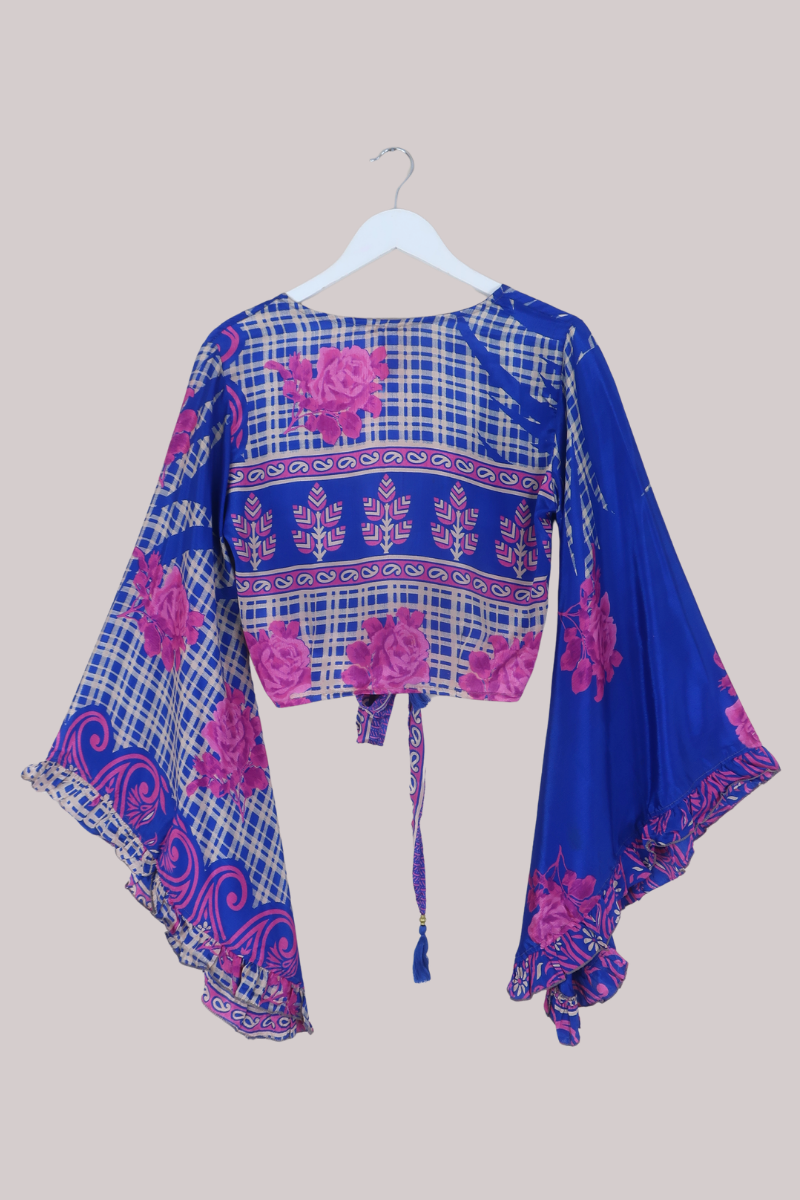 Venus Recycled Sari Wrap Top in Roses & Plaid - Size S