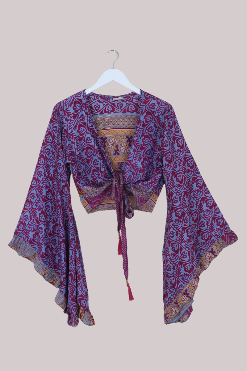 Venus Recycled Sari Wrap Top in Ruby & Blueberry - Size S
