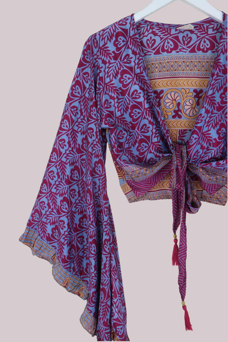 Venus Recycled Sari Wrap Top in Ruby & Blueberry - Size S