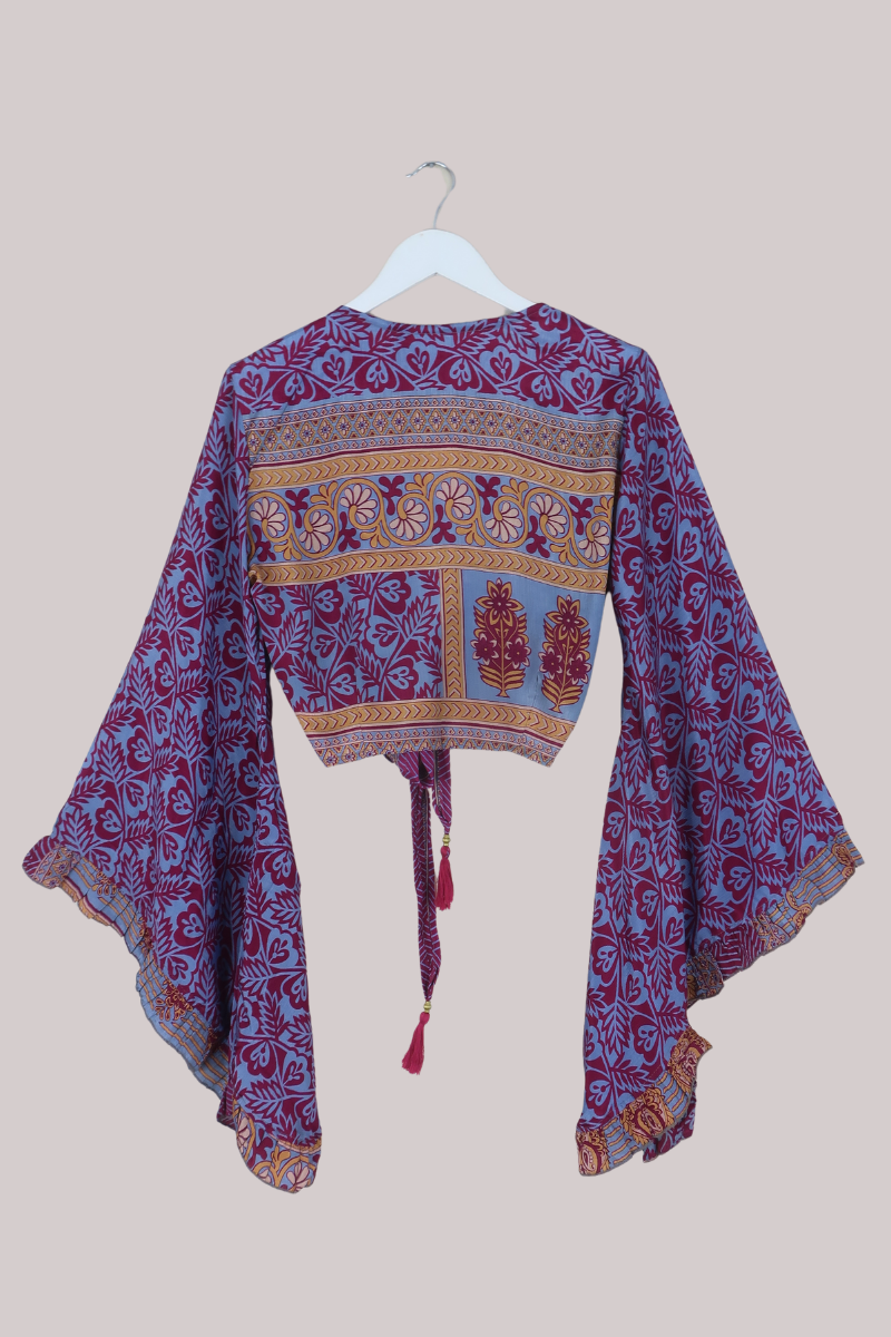 Venus Recycled Sari Wrap Top in Ruby & Blueberry - Size S