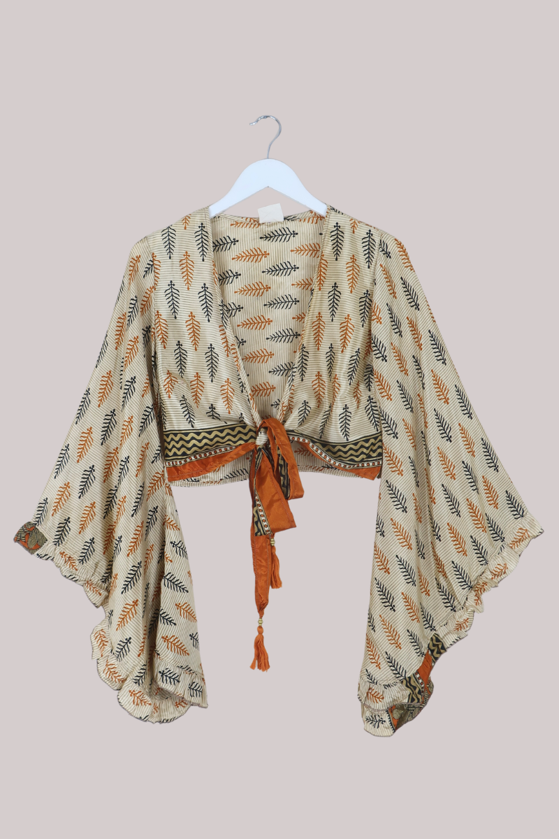 Venus Recycled Sari Wrap Top in Sandy Orange Feathers - Size XS