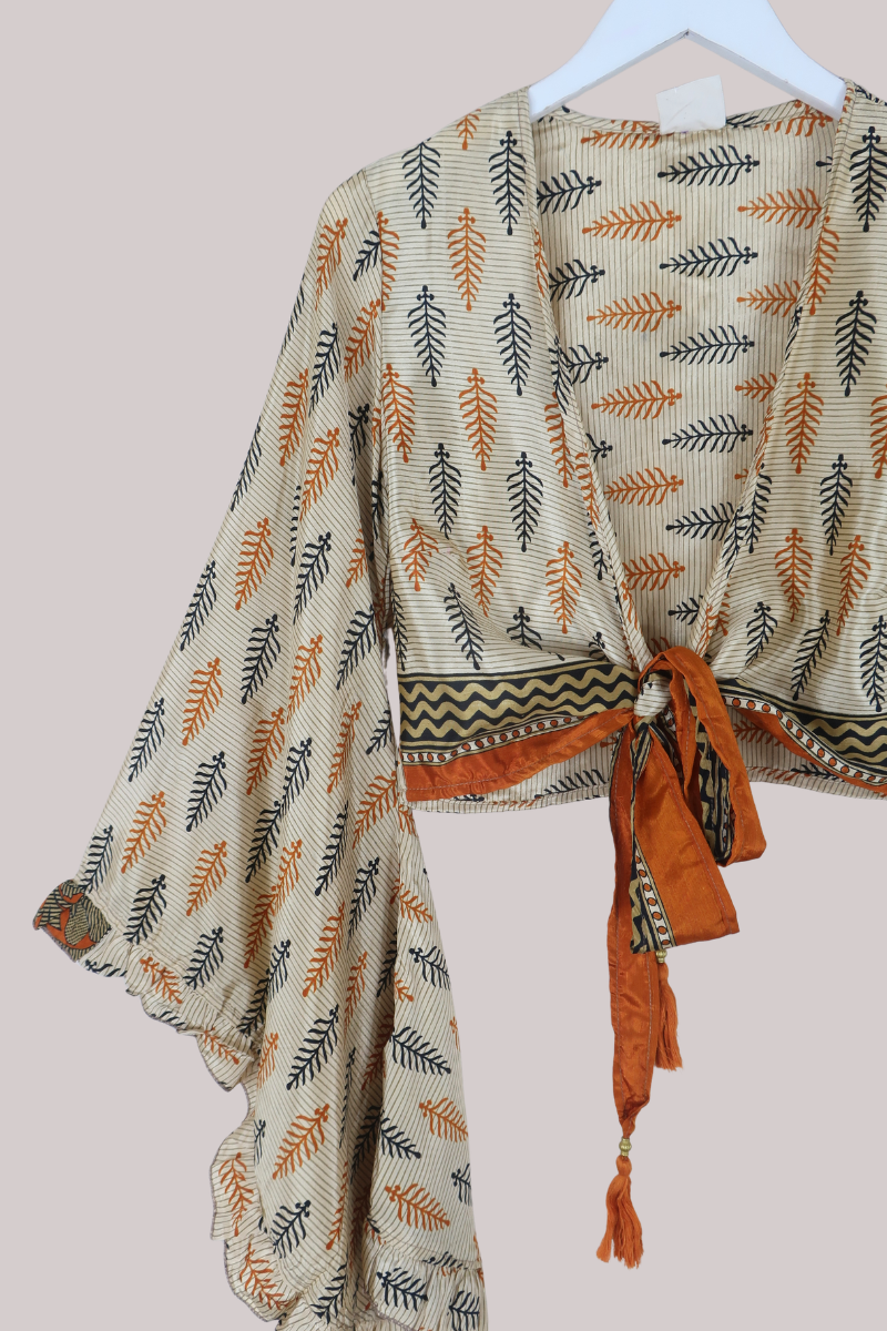 Venus Recycled Sari Wrap Top in Sandy Orange Feathers - Size XS
