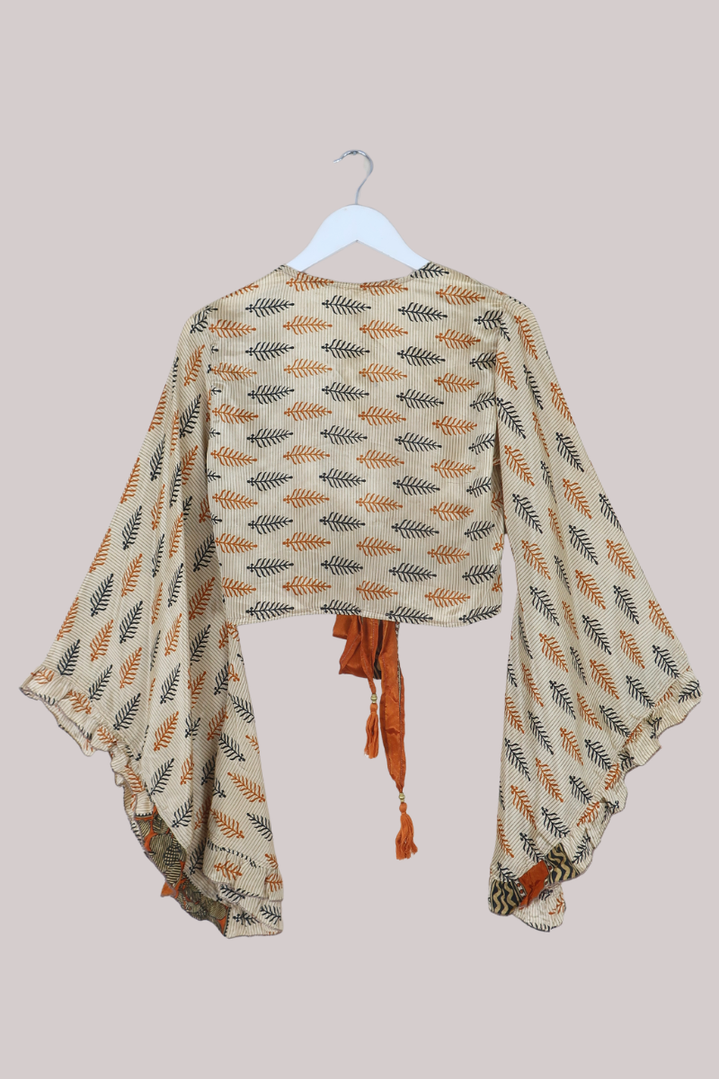 Venus Recycled Sari Wrap Top in Sandy Orange Feathers - Size XS