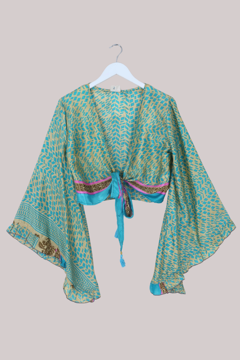 Venus Recycled Sari Wrap Top in Shards Of Sea Glass - Size XS
