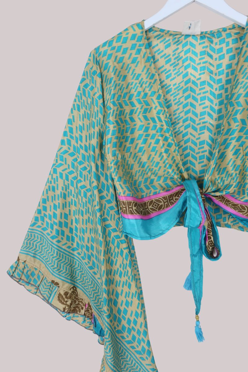 Venus Recycled Sari Wrap Top in Shards Of Sea Glass - Size XS
