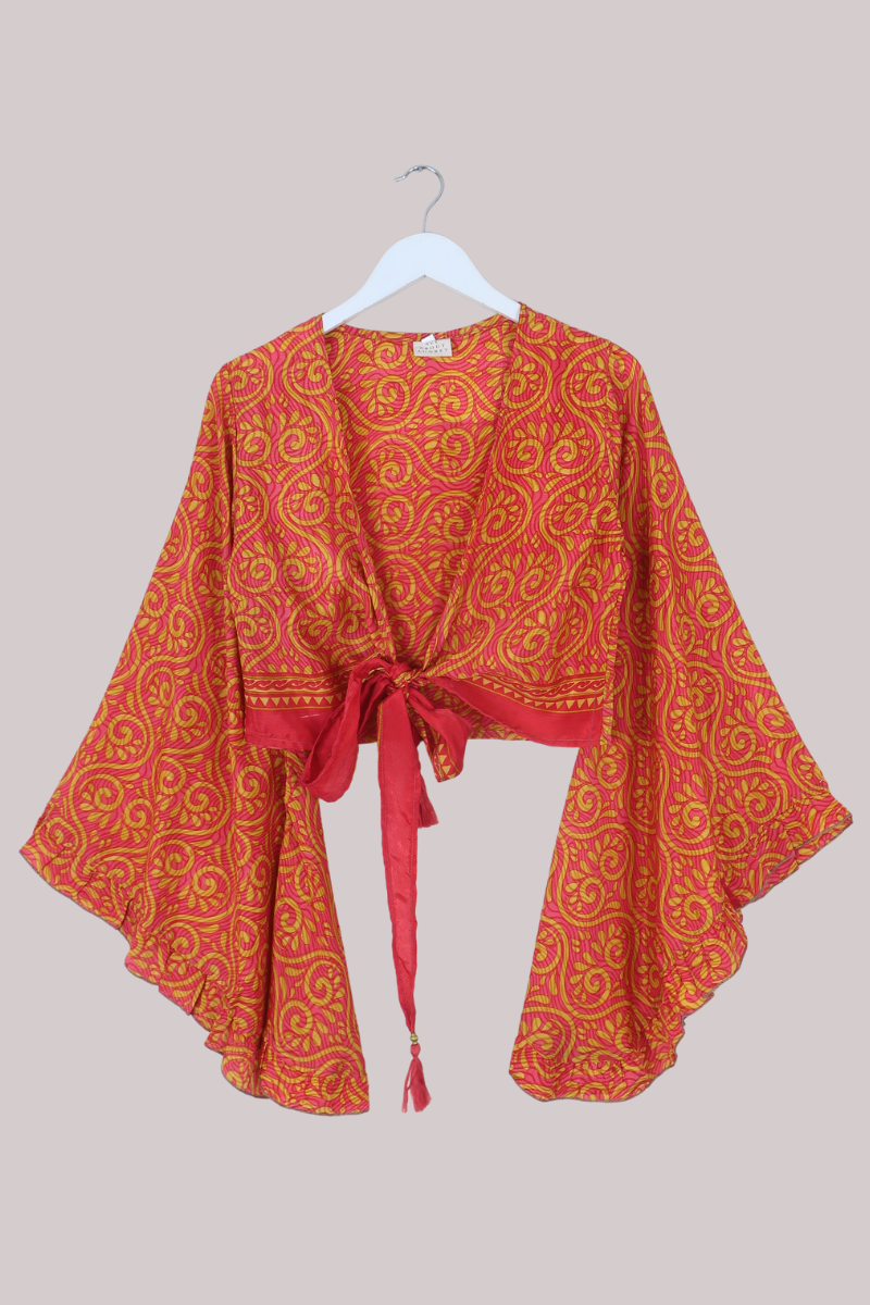 Venus Recycled Sari Wrap Top in Sugary Orange Swirls - Size XS
