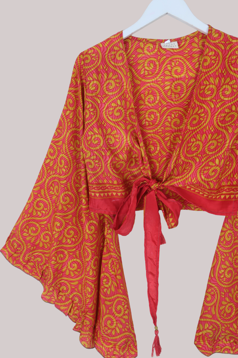 Venus Recycled Sari Wrap Top in Sugary Orange Swirls - Size XS
