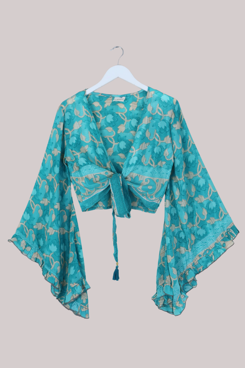 Venus Recycled Sari Wrap Top in Tiffany Blue Ivy - Size S