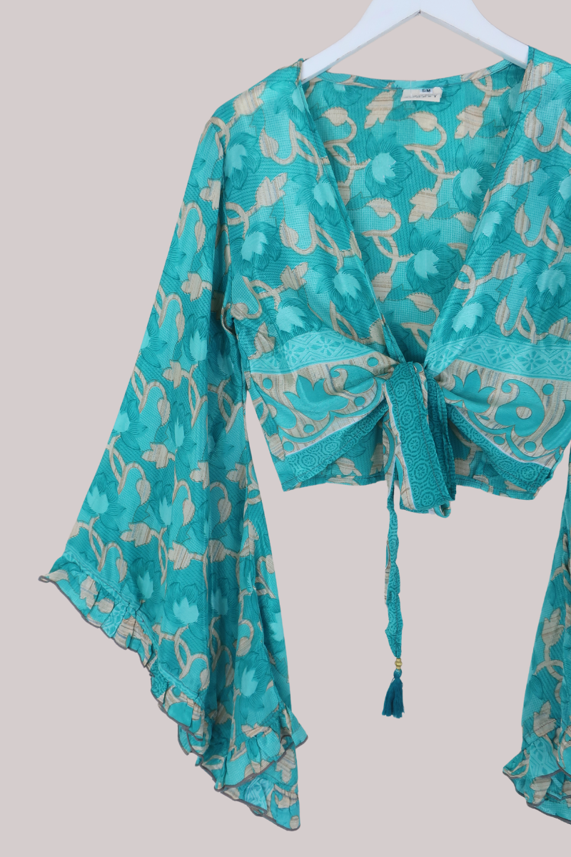 Venus Recycled Sari Wrap Top in Tiffany Blue Ivy - Size S