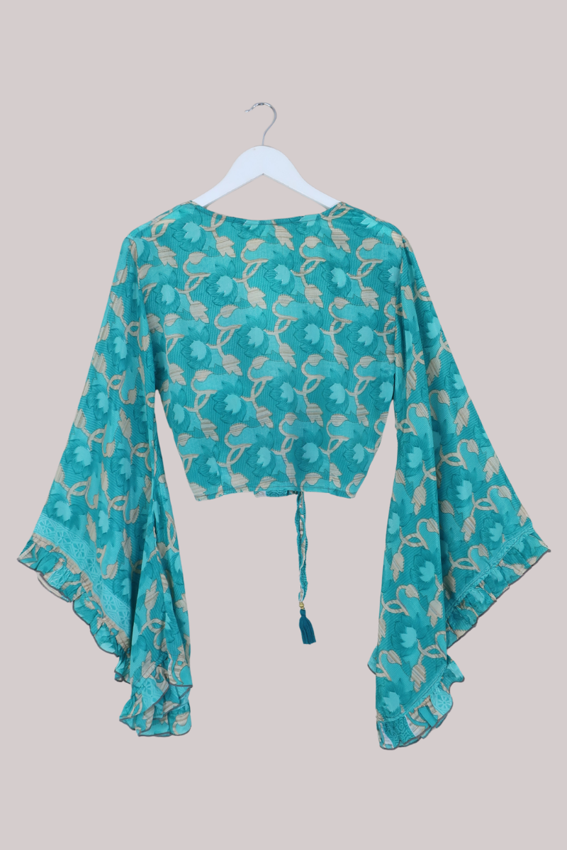 Venus Recycled Sari Wrap Top in Tiffany Blue Ivy - Size S