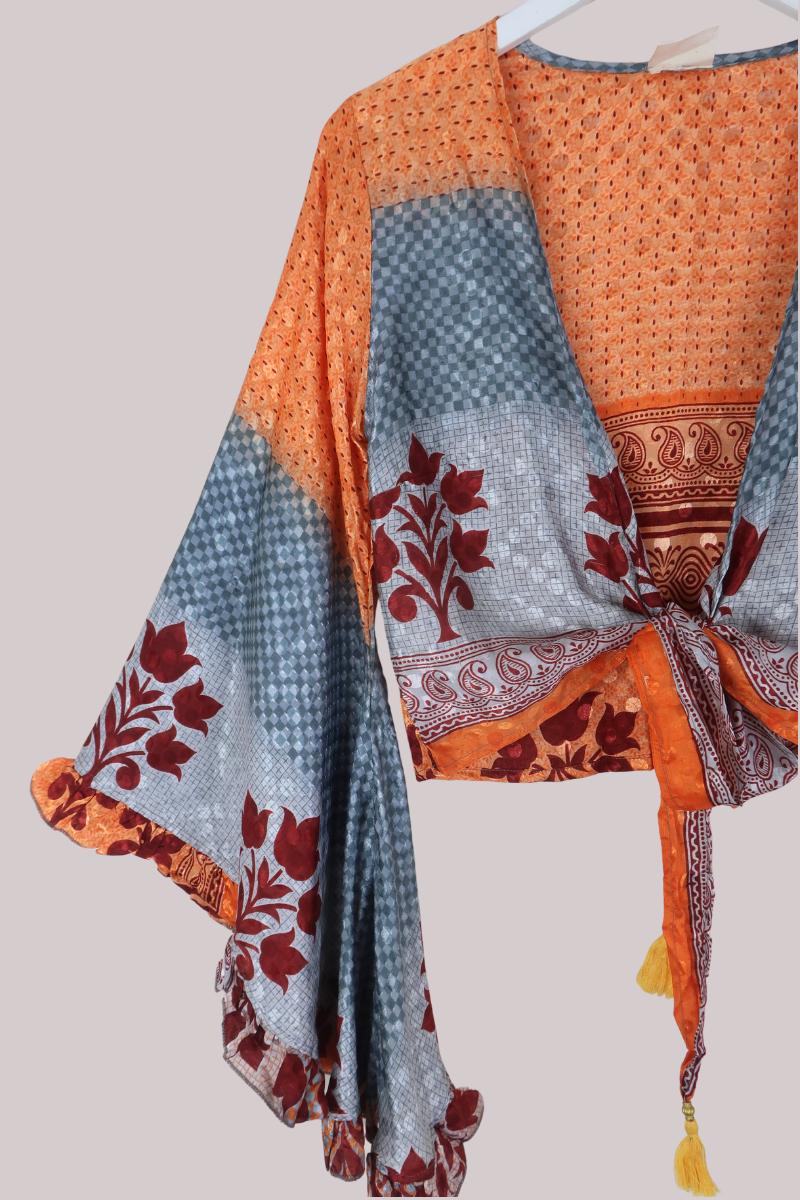 Venus Recycled Sari Wrap Top in Topaz & Silver - Size XS