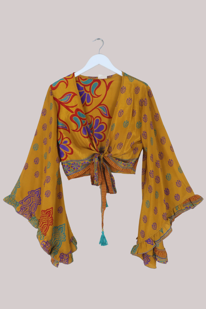 Venus Recycled Sari Wrap Top in Turmeric Yellow - Size S