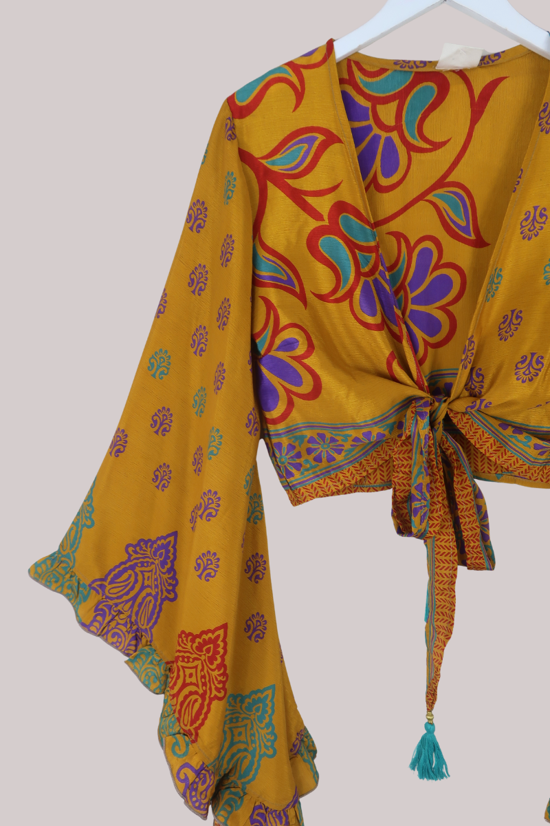 Venus Recycled Sari Wrap Top in Turmeric Yellow - Size S