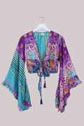 Venus Recycled Sari Wrap Top in Violet Evil Eyes - Size S