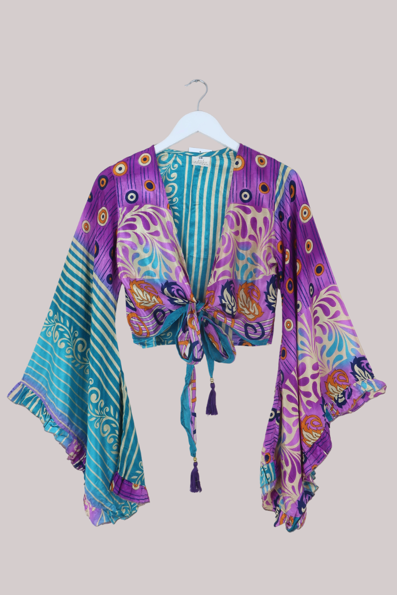 Venus Recycled Sari Wrap Top in Violet Evil Eyes - Size S