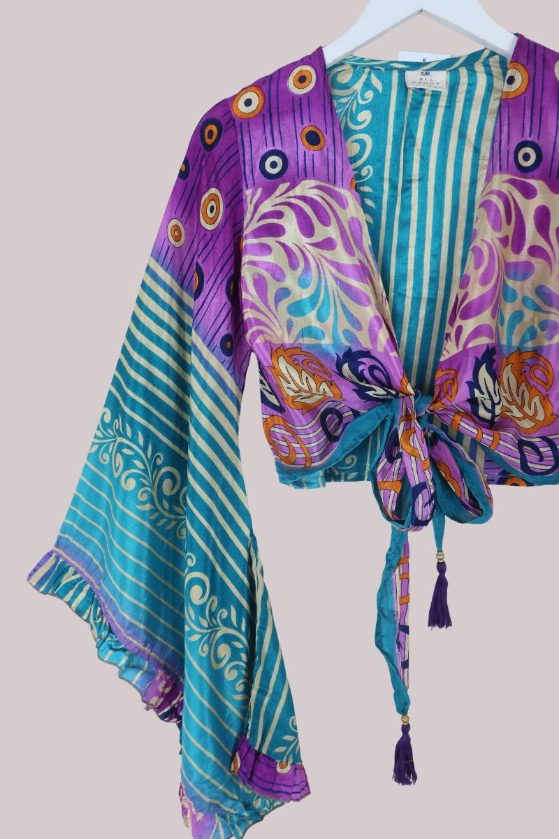 Venus Recycled Sari Wrap Top in Violet Evil Eyes - Size S