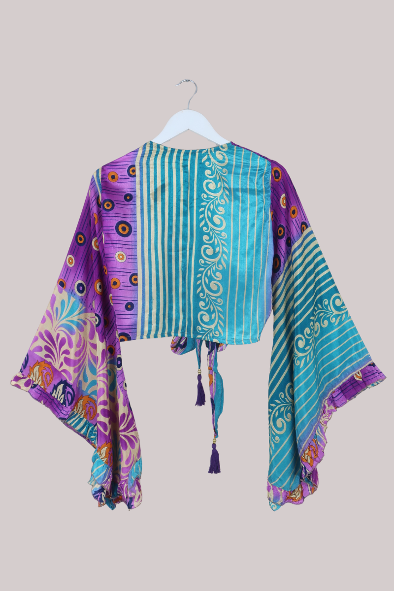 Venus Recycled Sari Wrap Top in Violet Evil Eyes - Size S