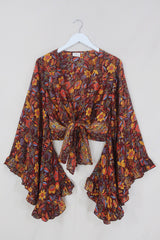 Venus Folklore Floral Wrap Top in Mahogany Brown