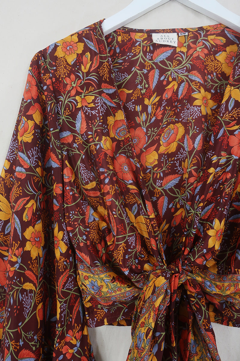 Venus Folklore Floral Wrap Top in Mahogany Brown