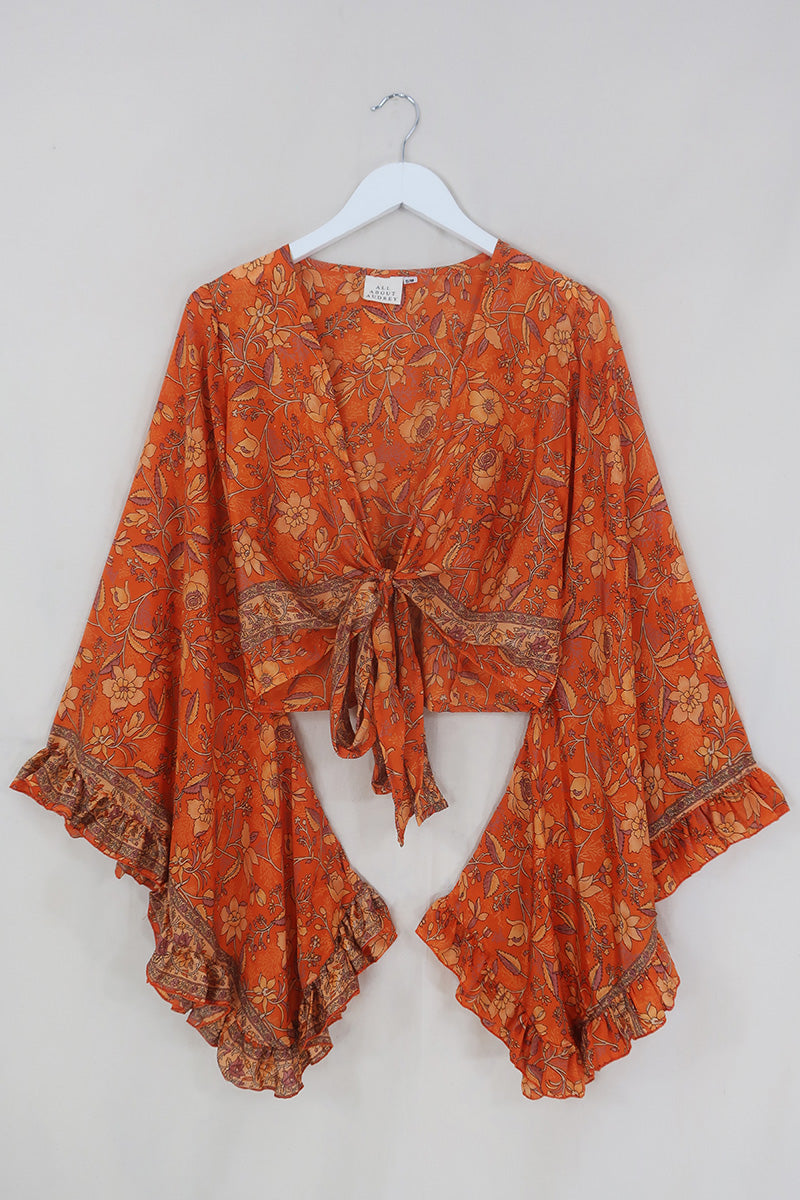 Venus Folklore Floral Wrap Top in Maple Orange