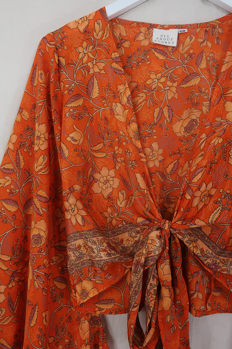 Venus Folklore Floral Wrap Top in Maple Orange | All About Audrey