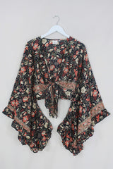 Venus Folklore Floral Wrap Top in Hemlock Black