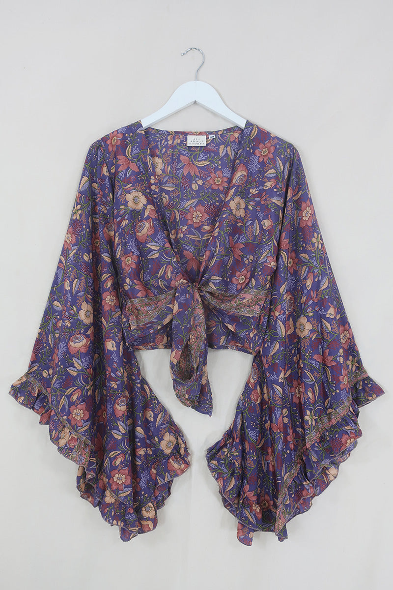 Venus Folklore Floral Wrap Top in Willow Purple