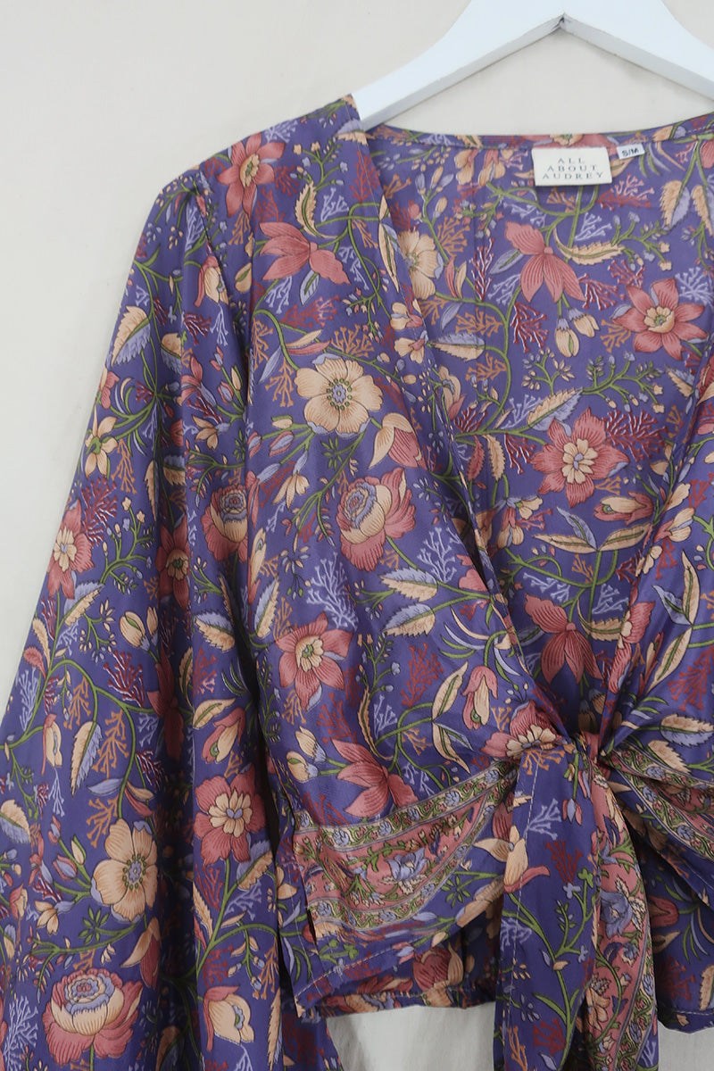Venus Folklore Floral Wrap Top in Willow Purple