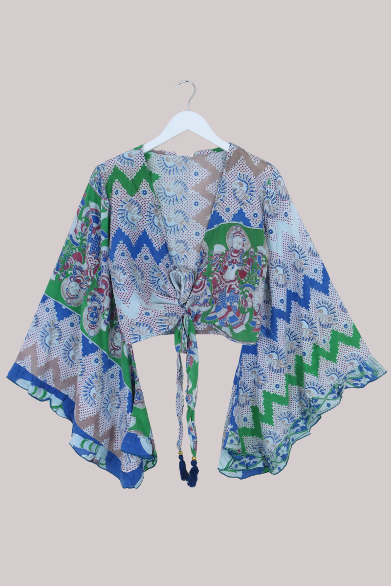 Venus Vintage Cotton Wrap Top in Waterlily Peacocks - Size M/L