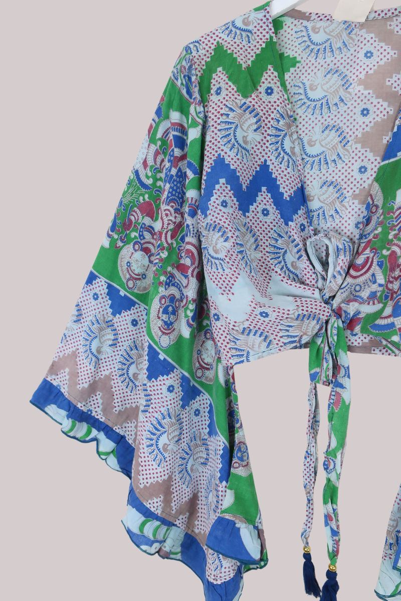 Venus Vintage Cotton Wrap Top in Waterlily Peacocks - Size M/L