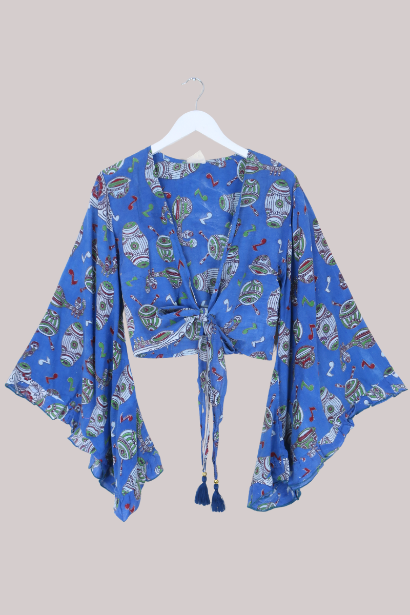 Venus Vintage Cotton Wrap Top in Musical Blues - Size S/M
