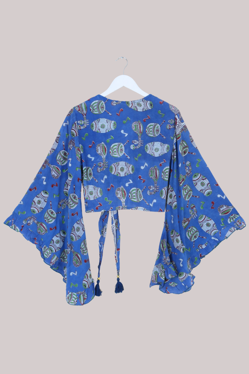 Venus Vintage Cotton Wrap Top in Musical Blues - Size S/M
