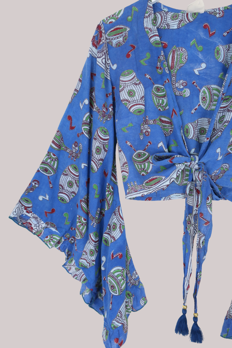 Venus Vintage Cotton Wrap Top in Musical Blues - Size S/M