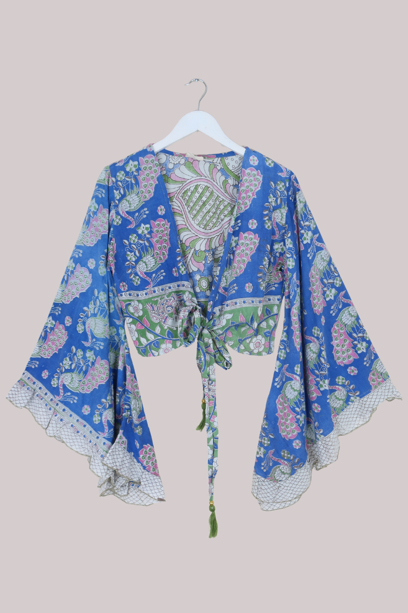 Venus Vintage Cotton Wrap Top in Lakeside Peacocks - Size M/L