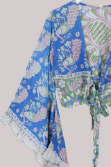 Venus Vintage Cotton Wrap Top in Lakeside Peacocks - Size M/L