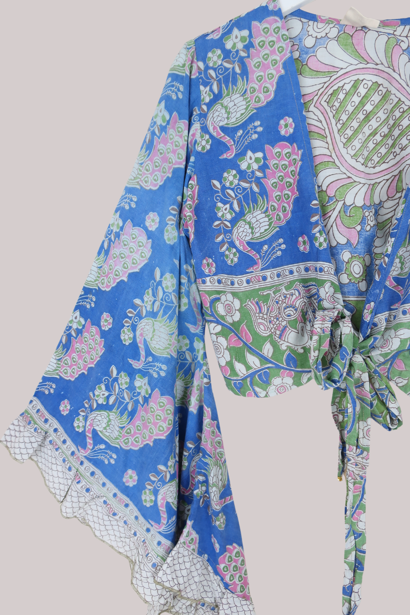 Venus Vintage Cotton Wrap Top in Lakeside Peacocks - Size M/L