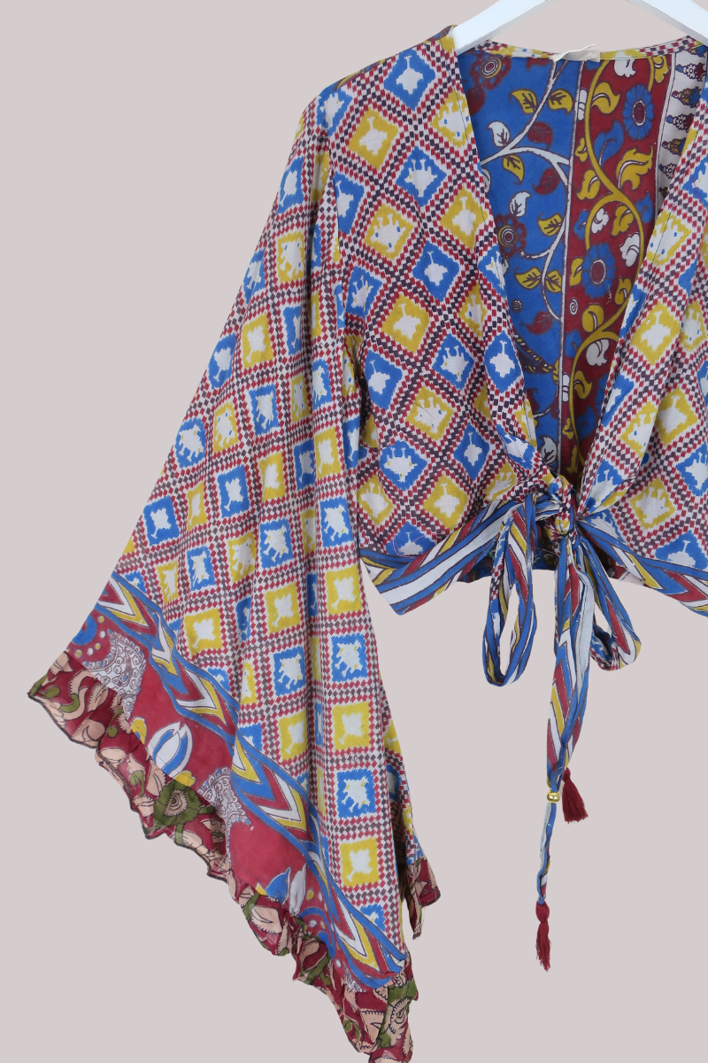 Venus Vintage Cotton Wrap Top in Abstract Carnival Florals - Size S/M