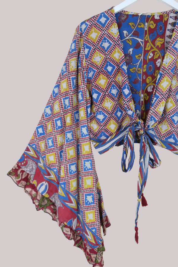 Venus Vintage Cotton Wrap Top in Abstract Carnival Florals - Size S/M