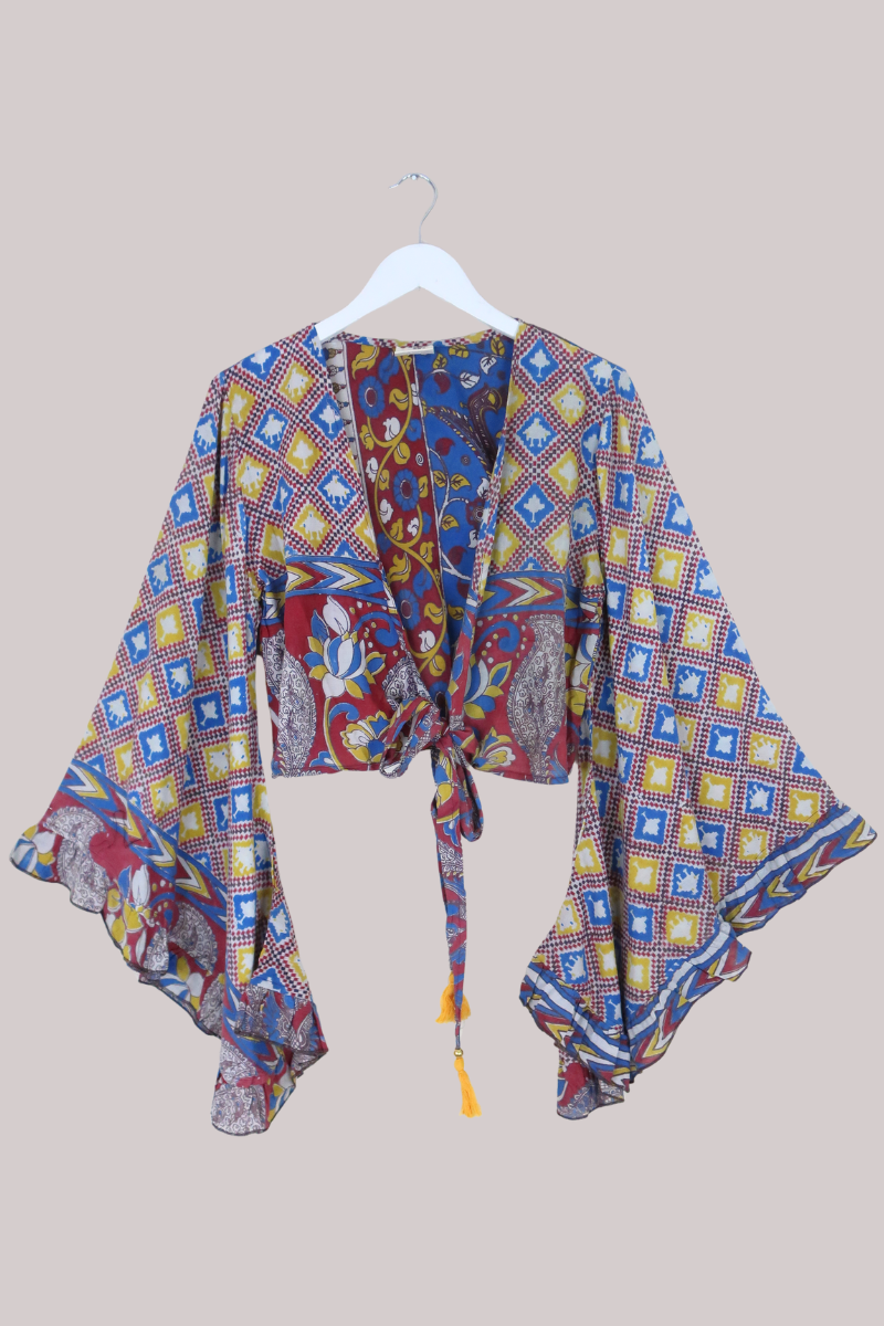 Venus Vintage Cotton Wrap Top in Abstract Carnival Florals - Size S/M