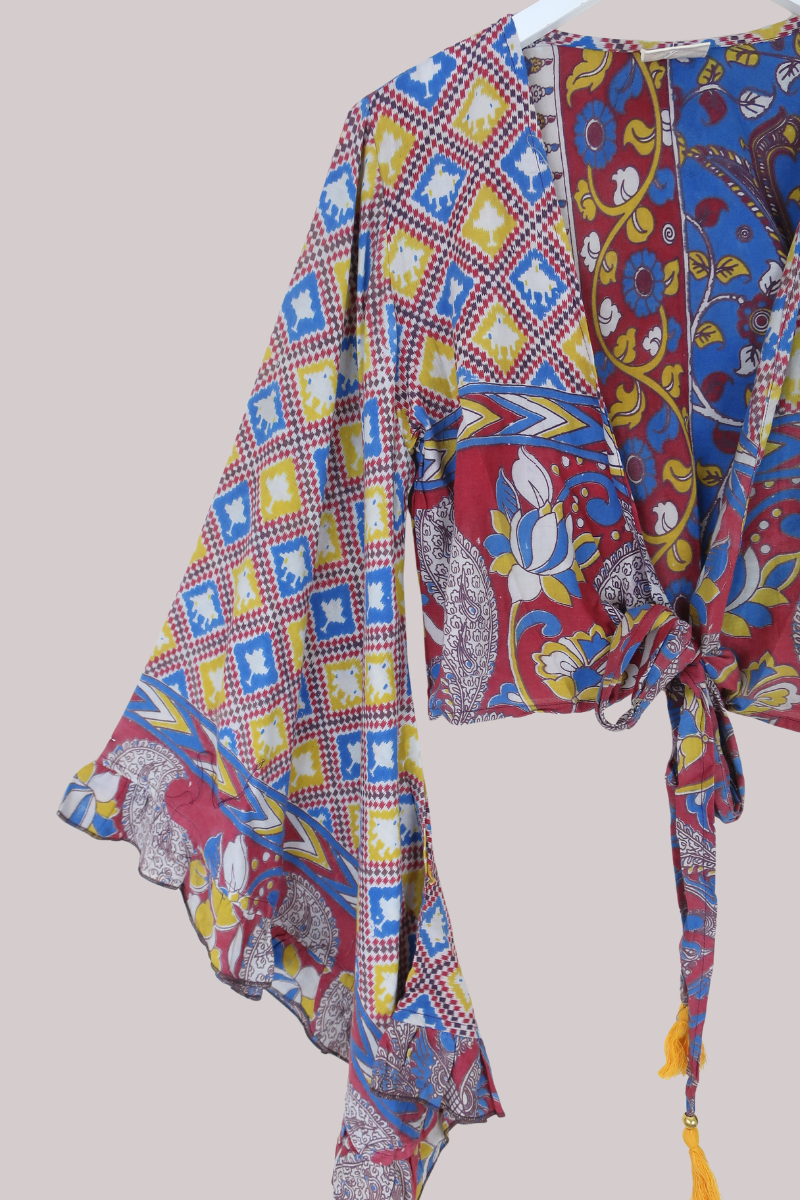 Venus Vintage Cotton Wrap Top in Abstract Carnival Florals - Size S/M