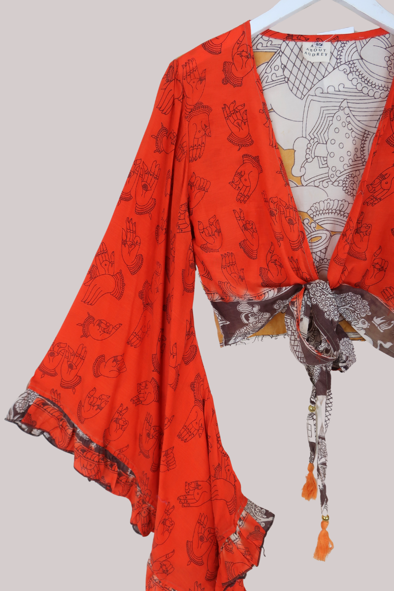 Venus Vintage Cotton Wrap Top in Henna Hands - Size S/M