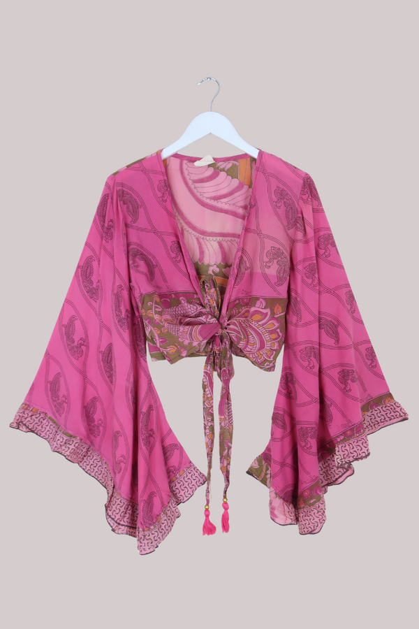 Venus Vintage Cotton Wrap Top in Pink Peacock Blossom - Size M/L