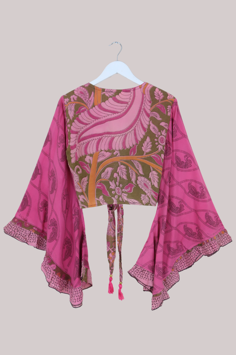 Venus Vintage Cotton Wrap Top in Pink Peacock Blossom - Size M/L