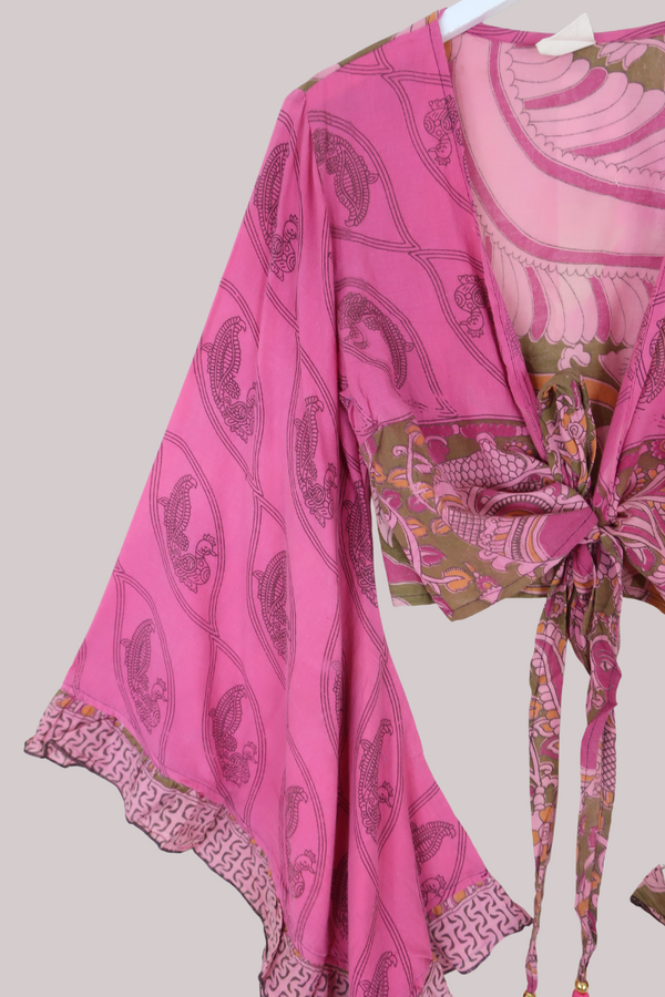 Venus Vintage Cotton Wrap Top in Pink Peacock Blossom - Size M/L
